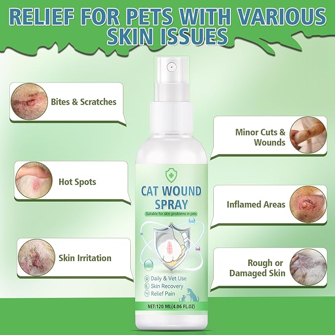 Cat Wound Care Spray, Pet Wound Care Formula for Scratching Irritation Bites Burns Redness, Supports Skin Comfort and Recovery for Kittens, Adult Cats, Pets, 120ml
