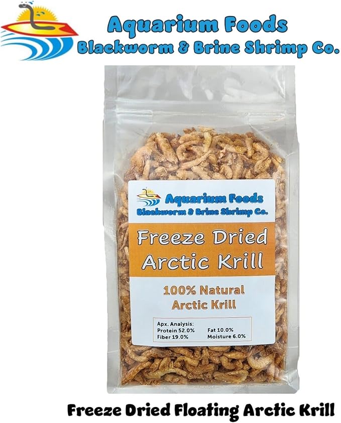 Aquatic Foods Inc. Arctic Krill, Floating Freeze Dried Krill for Tropical Fish, Marine Fish, Cichlids, Catfish, Pond Fish, Aquatic Turtles, Land Turtles, Hamsters, Rodents, Reptiles…3.4oz Clear Bag