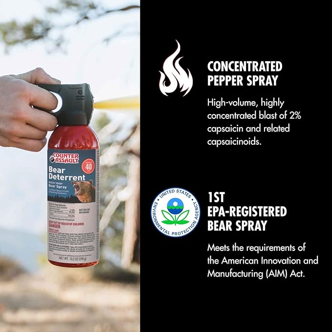 Counter Assault Bear Spray - Bears, Mountain Lions, Coyotes - Long-Range 40ft Distance - Pepper Spray Safety Gear for Hiking & Camping Protection - 2% Capsaicin - 10.2 oz
