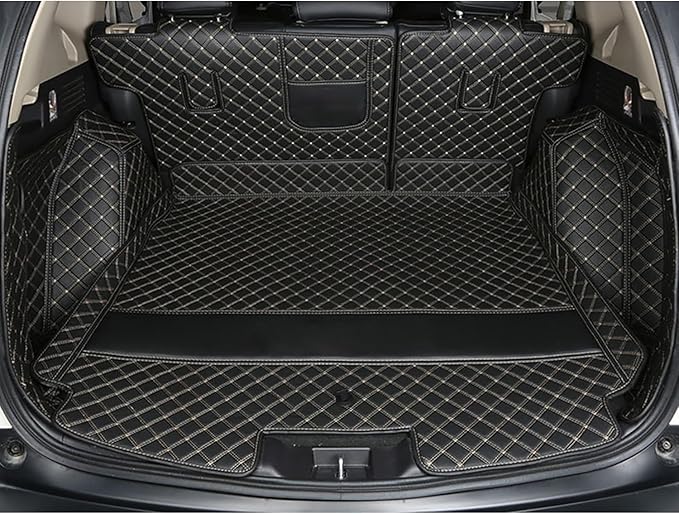 Car Cargo Mat Compatible with BMW X5 5 Seater 2014-2018 Backrest Mat+Trunk Mat+Hight Side Mat Full Coverage Trunk Liner Luxury Leather-Black with Gold Stitching