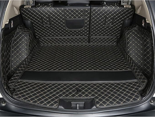 Car Cargo Mat Compatible with BMW X5 5 Seater 2014-2018 Backrest Mat+Trunk Mat+Hight Side Mat Full Coverage Trunk Liner Luxury Leather-Black with Gold Stitching