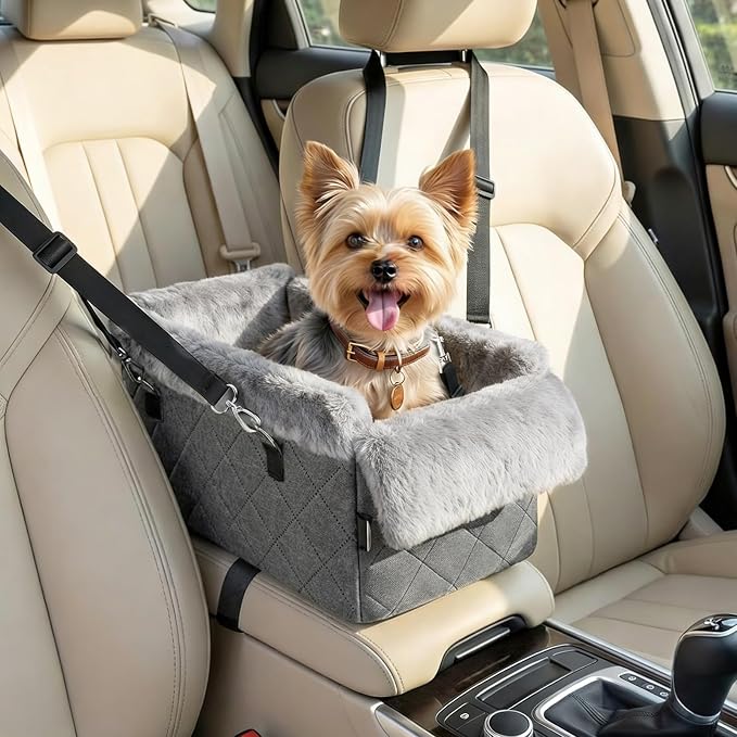 Center Console Dog Car Seat for Small Dogs&Cats Under 12 LBS | Puppy Car Seats with Non-Slip&Strong Support, Anti-Collapse Portable Pet Bed for Puppies with Soft Cushion Safety Belt, Gray