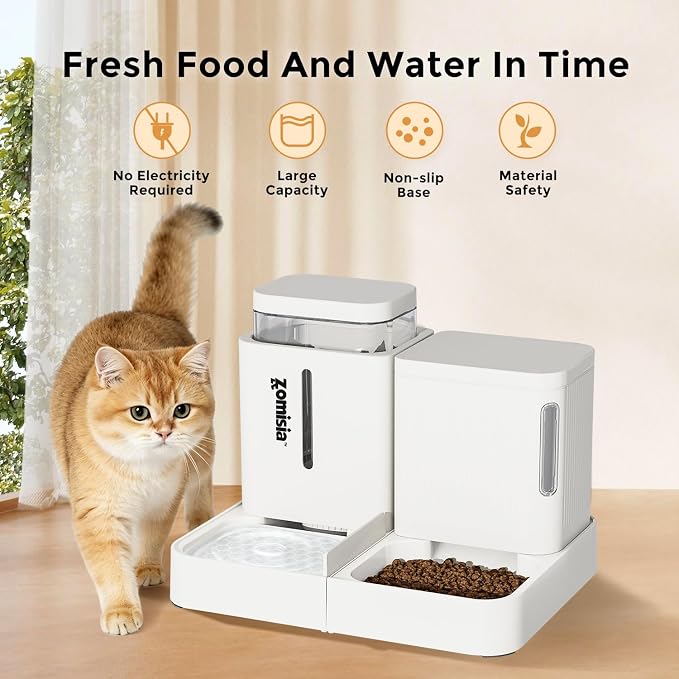 ZOMISIA Gravity Cat Feeder and Water Dispenser, 2 in 1 Cat Self Feeder with 180 Degree Rotatable, 2 Pack Automatic Feeding Large Capacity for Small Medium Dog Puppy Kitten, White, 0.8 Gallon x 2