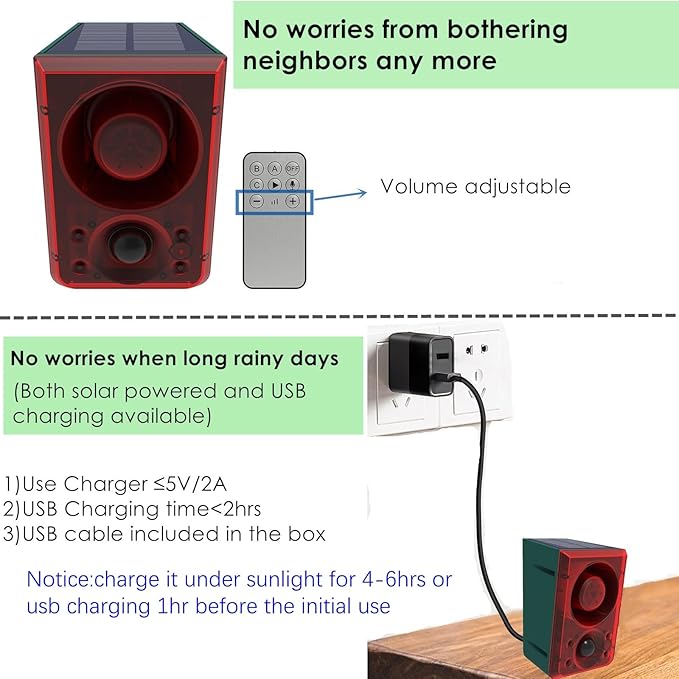 HULPPRE Solar Outdoor Motion Sensor Alarm-Dog Barking or Gunshot Sound,Support Recording&±Volume,130db Loud Noise Maker,3 Work Modes Strobe Light with USB,Say Goodbye to The Intruders