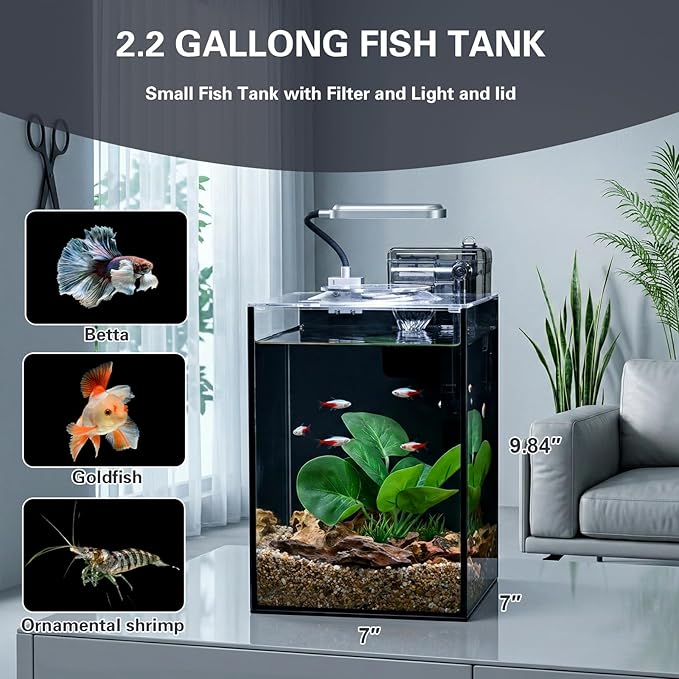 2.2 Gallon Small Aquarium Set Glass Fish Tank,Desktop Small Aquarium Kit for Beginners and Children to Keep Betta Fish, Goldfish, Shrimp, and Aquatic Plants (Black, 2.2 Gallon (Complete Kit))