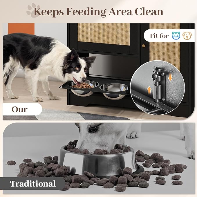 Rovibek Dog Feeding Station with with 2 Elevated Dog Bowls, Dog Food Storage Cabinet with with Storage and Hooks, Hidden Pet Feeder Station Wood for Cats and Dogs, Black