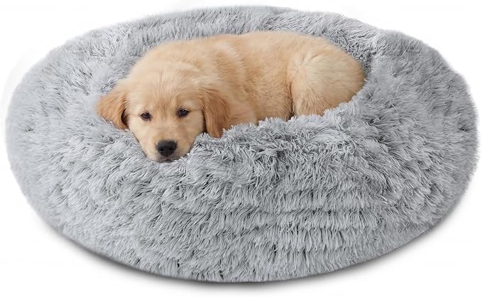 JOLLYVOGUE Calming Dog Bed Medium Size Dog, Anti-Anxiety Donut Medium Pet Bed, 27 inches Fluffy Faux Fur Round Cat Bed (Smoke Grey)