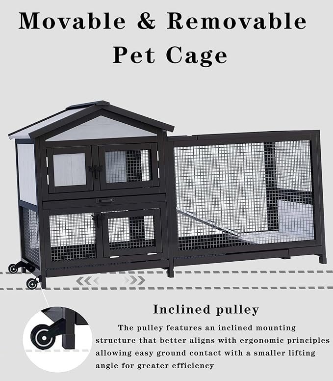 Rabbit Hutch 58" Rabbit Cage Outdoor&Indoor 2-Story Chicken Coop Guinea Pig Cage on Wheels Bunny Cage with 3 Deep No Leakage Pull Out Tray,Waterproof Roof (Black)