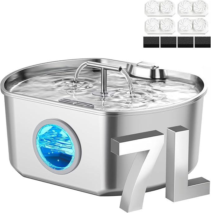 Cat Water Fountain Stainless Steel - 7L/236oz Cat Drinking Fountain | Dog Water Fountain Inside - Automatic Dog Watering Dispenser Bowl - Large Capacity for Multiple Pets (4 Filters)