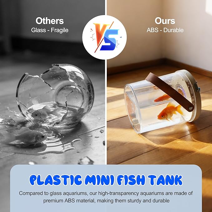 Portable Mini Fish Tank, Rechargeable,with Air Pump Oxygenation, and Multi-Color Automatic Switching LED Lights. 0.3 Gallon Plastic Aquarium for Travel