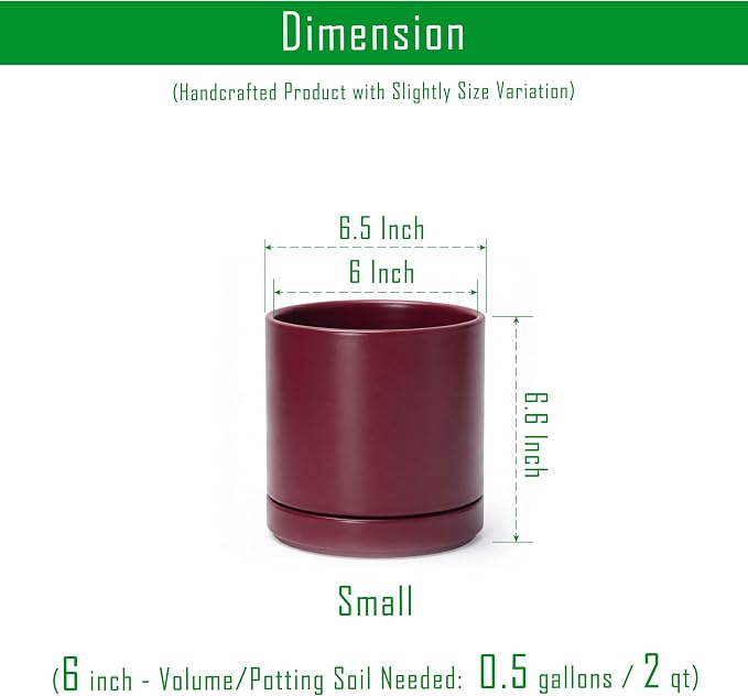 D'vine Dev 6.5 Inch Ceramic Planter Pot, Cordovan, 94-O-C-4 | Modern Cylinder Design, Drainage Hole & Saucer Included, Stable Structure, Elegant Home Accent