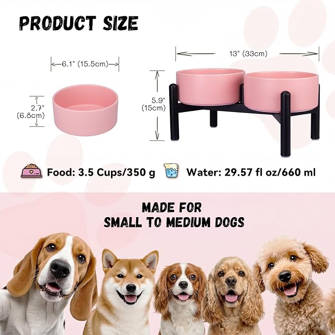 Raised Ceramic Dog Bowl Set with Stand, 3.5 Cups Elevated Dog Food Stand | 6.1'' Double Dog Food and Water Bowl Set, Non-Slip Dog Feeding Dishes for Small to Medium Breeds, 29.57 OZ, Pink