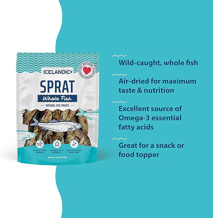 Icelandic+ Whole Fish: Sprat - 2oz Bag - Dog Treats, Wild- Caught, 2.5-3" Crunchy Air-Dried Pet Snacks, Single Ingredient, Just The Fish Nothing Else