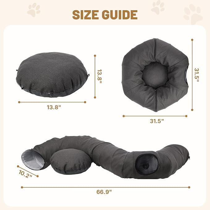 Cat Tunnel Bed for Indoor Cats, Cooling Natural Linen Cat Tunnel 29.5in | Breathable Kitten Toys Cat Tunnel with Washable Mat, Round Pet Tunnel for Kittens, Squirrels Dark Grey