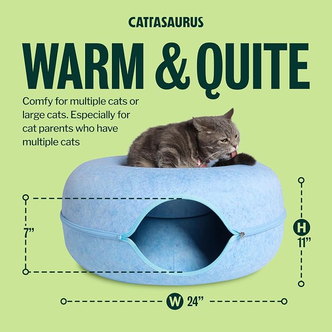 Peekaboo Cat Cave Donut for Multiple & Large Cats up to 30-45 lbs, 3-in-1 Self Warming Cat Bed, Tunnel & Scratcher for Indoor Cats, Washable & Detachable Small Dog Bed (Blue, Large)