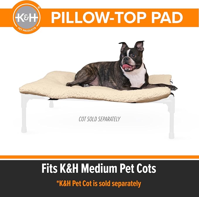K&H Pet Products Dog Cot Pad (Cot Sold Separately), Pillow-Top Comfort Bed for K&H Medium Elevated Dog Beds, Soft & Fluffy, Secure Fit Straps, Machine Washable, Portable - Medium 32 X 25in Tan Fleece