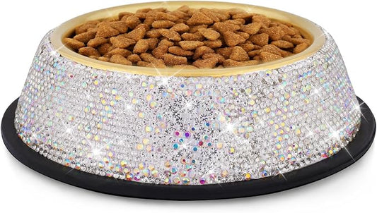 Sparkly Full Rhinestones Designed Gold Plated Stainless Steel Cat Bowl - Stylish and Practical Diamond Food Water Dishes Bowls for Dogs Cats Rabbits