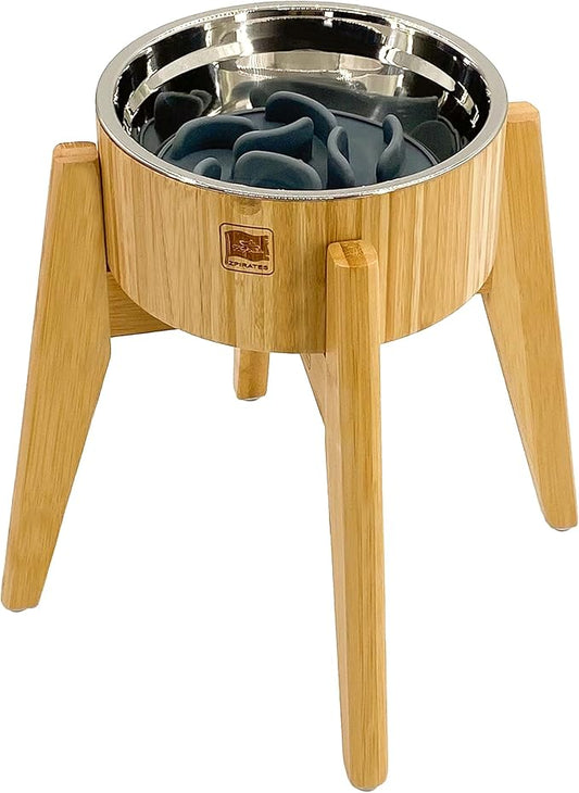 Slow Feeder Dog Bowl for Large Dogs - Elevated Food Stand, Collapsible | Raised Dog Bowl with Anti-Choking Insert, 12-Inch High, Anti-Wobble Lock, Resist Tipping - Stainless Steel, Bamboo