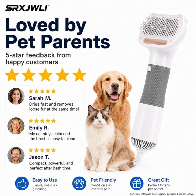 3 in 1 Pet Hair Dryers And Comb Brush High Velocity Blower for Dog Grooming | Portable Quiet Handheld Slicker with Steam Deshedding Intelligent Airflow System for Cats, Puppies and Professional(Pink)