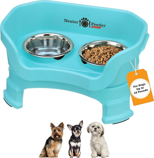 Neater Feeder Deluxe Mess-Proof Elevated Dog Bowls for Small Dogs (Up to 19 lbs), 2 Height Adjustable (6” & 7.5”) No-Spill Raised Dog Bowl Stand, Stainless Steel Food Bowl Set, Made in USA, Aquamarine