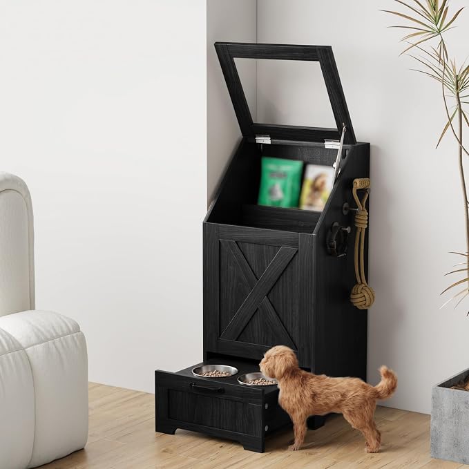 Dog Feeding Station with Storage Cabinet and 2 Elevated Dog Bowls, Hidden Pet Food Storage Organizer for Dog &Cat, Modern Dogs Furniture, Black