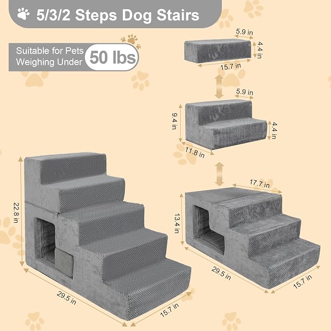 5-Step Dog Stairs for High Bed, 23” H Dog Steps for Bed, Pet Steps for Small Dogs and Cats with Non-Slip Washable Cover, Indoor, Grey