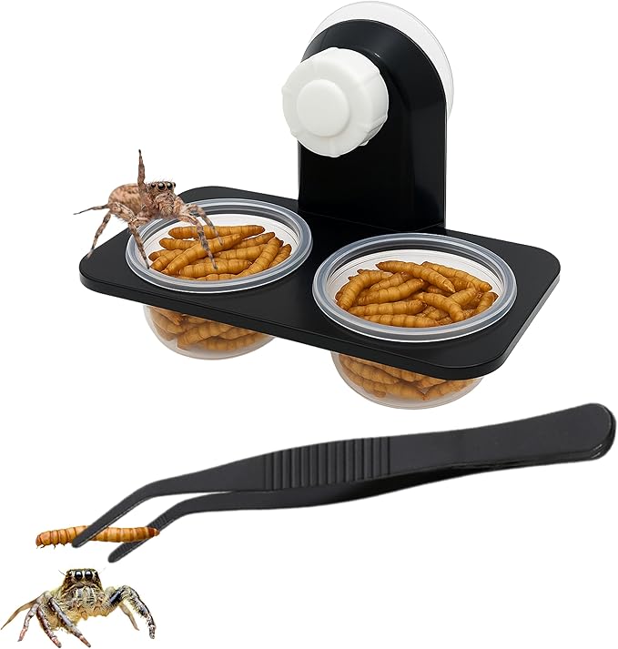 Jumping Spider Feeding Dish Kit with Tweezers, Dual Cup Food Bowl with Suction Mount, Small Reptile/Tarantula Enclosure Accessories (Feeding Ledge)