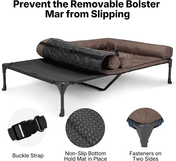 Veehoo Elevated Dog Bed for 2 Dogs, Cooling Raised Dog Bed with Bolster Mat | Outdoor Double Dog Bed with Removable Waterproof Cushion, Breathable Mesh, Non-Slip Feet for Outdoor & Indoor, 49", Brown