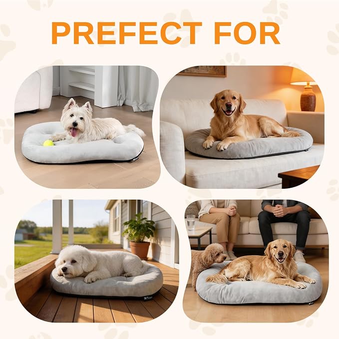 Washable Oval X-Large Dog Bed, Silver-Tipped High-Resilience, Light Gray | Non-Slip Bottom Prevents Sliding, Soft Plush Short Fur, Machine Washable, Ideal for Crates/Apartments/Cozy Nooks,41"x27"x3.6"