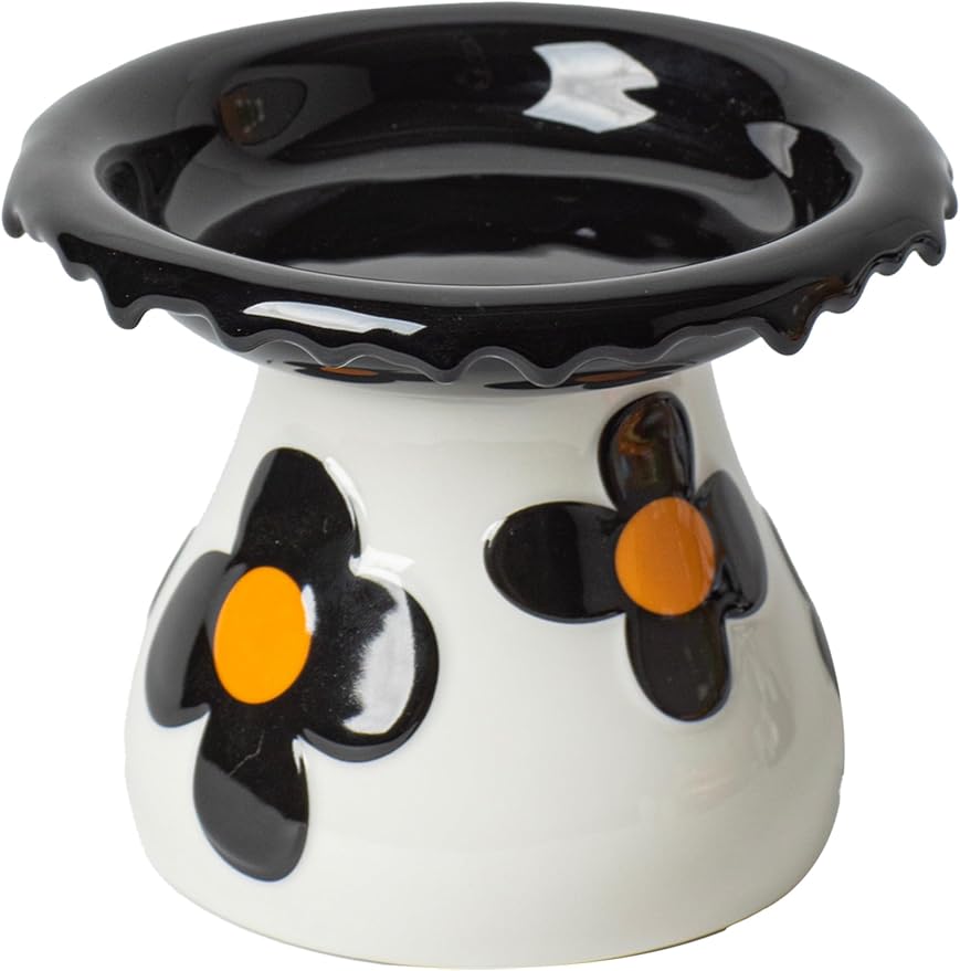 Mushroom Elevated Cat Bowls Ceramic, Cute Cat Bowls Whisker Fatigue | Raised Cat Bowl for Indoor Cats, Raised Dog Bowls Stand for Food and Water, Black 5.8" Wide for Adult Cats