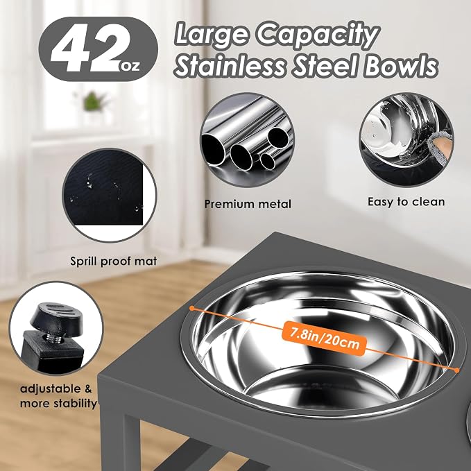 ADENGL Metal Raised Dog Bowl, 10" Height Tall Elevate Dog Feeder Stand with 2 Stainless Steel 42oz Bowls & 16x24 Non-Slip Mat – Stronger Dogs Food & Water Bowl Stand (Grey)