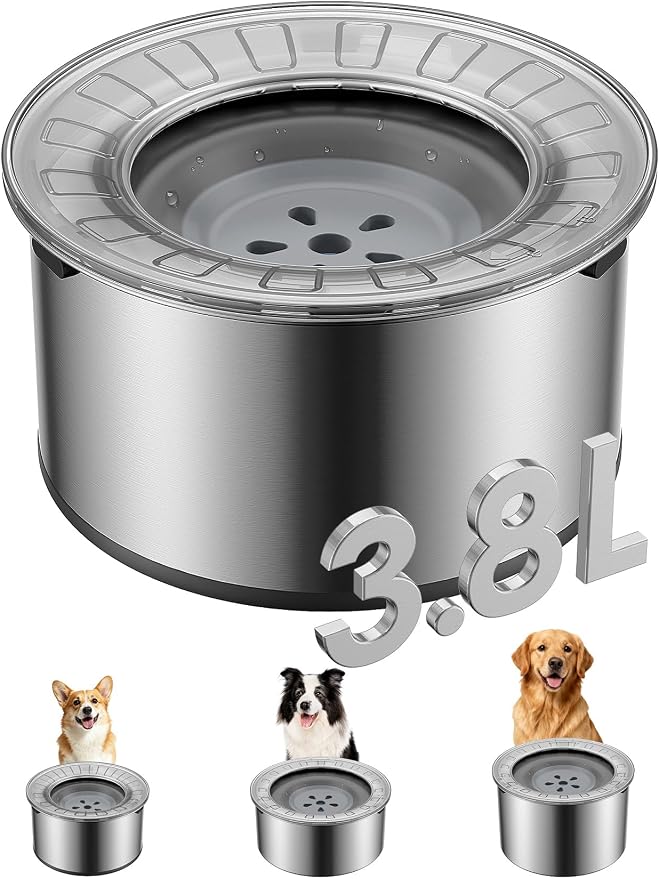 Heouvo 1 Gallon No Spill Dog Water Bowl with Slow Drink Floating Disk(Gray) | Splash-Proof Lid + Stainless Steel Bowl/Rubber Bottom/Slobber Stopper Water Bowl for Large Sloppy Messy Drinkers Reduce Mess