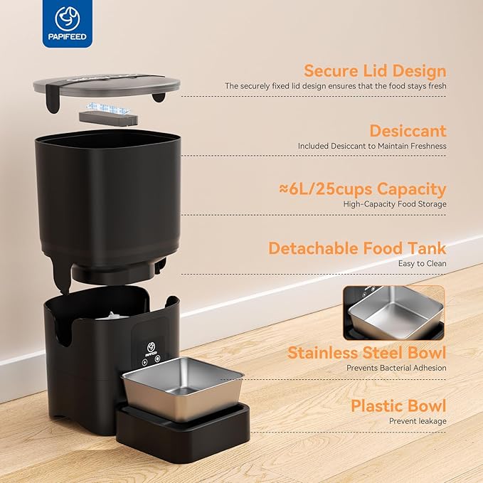 PAPIFEED Automatic Cat Feeder, 6L Smart WiFi Cat Food Dispenser with App Control, Bluetooth-Assisted Setup, Stainless Steel Bowl, Anti-Clog Design Timed Feeder with Dry Food, Pet Feeder for Cat/Dog
