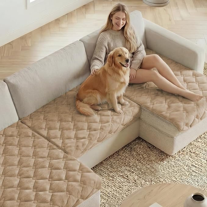 H.VERSAILTEX Chenille Couch Cover for Dogs Washable Soft Fuzzy Chair Covers Armchair Sectional Sofa Cover Thick Pet Couch Cover Protector Non-Slip Dog Bed Cover(Khaki, 28" x 34")