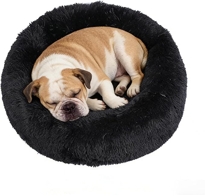 Calming Donut Dog Beds for Small Dogs Cats - Washable Removable Cover Non-Slip Bottom, Round Pet Bed Puppy Bed Warming Fluffy Faux Fur Anti-Anxiety, Fits up to 25 lbs (Black, 23")