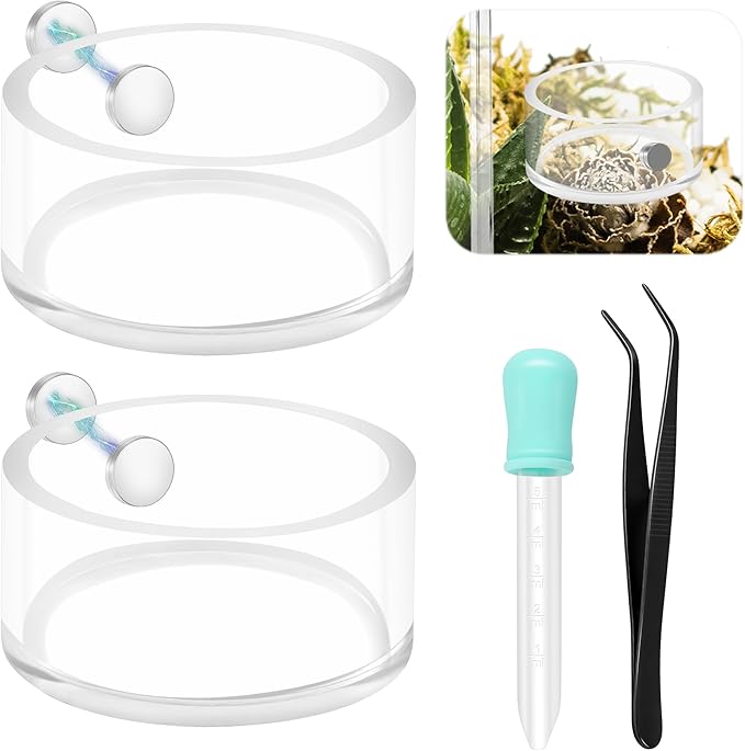 2+2 PCS Jumping Spider Magnetic Feeding Dish with Dropper & Tweezer, Magnetic Water Bowl, Reptile Feeding Tongs, Tiny Food Dishes Water Dish for Jumping Spider, Tarantula&Other Small Pets-Coldairsoap