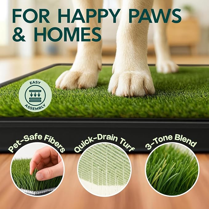 Dog Grass Pad with Tray 23”x35” – Soft-Touch Artificial Grass Pad for Dogs Potty with Pee Pads Washable & Puppy Porch Potty Tray – Dog Litter Box Indoor & Outdoor, Pet Turf for Puppy Toilet Training