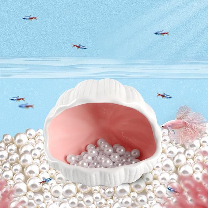 AnRui Cute Betta Fish Tank Decor Ceramic Conch Shell-Shaped House Thematic Hideout Cave for Fish Playing or Hiding Underwater World Aquarium Background Pearl Ornament, Pink