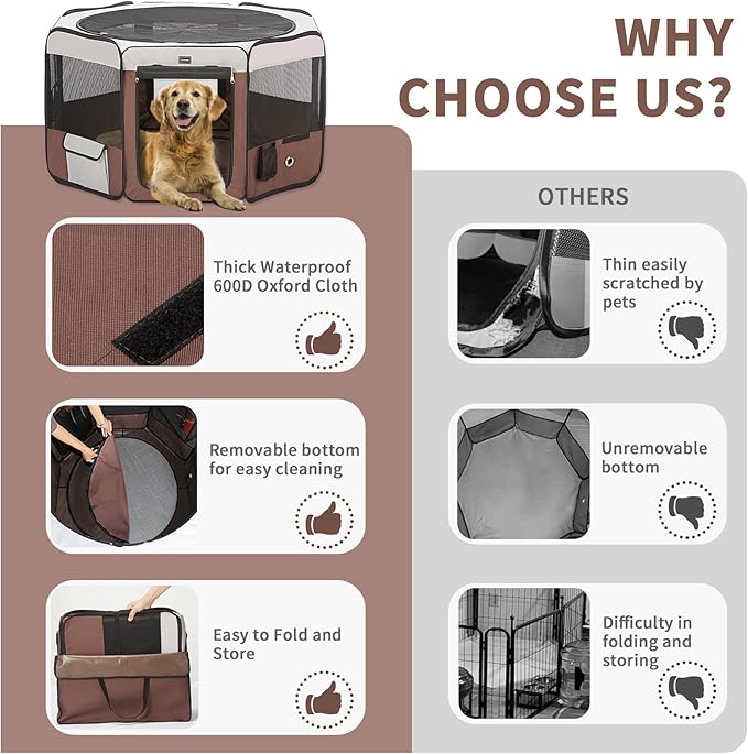 Dog Playpen Portable Pet Play Pens for Small Dog/Cat/Rabbit/Chicks, Cat Playpen Indoor/Outdoor with Carring Case, Removable Zipper Top and Bottom (Brown, Small (28"x28"x14"), 8)