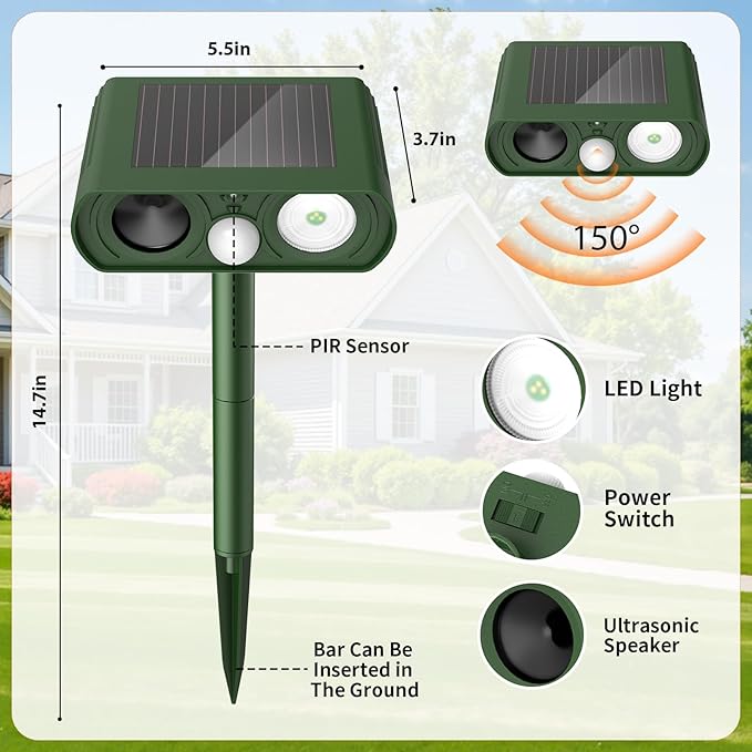 Solar Ultrasonic Animal Repellent, Deer Repellent Devices Waterproof, Cat Repellent Outdoor with Motion Detection Squirrel Skunk Rabbit Dog Raccoon Deterrents Animal Repeller for Yard, 1 Pack, Green