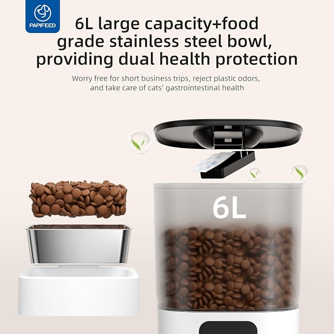 PAPIFEED Automatic Cat Feeder with App, 2.4G WiFi Cat Food Dispenser, 6L Timed Cat Feeder for Dry Food, 10 Meals/Day, 12 Portions/Meal, Dual Power Supply Smart Pet Feeder for Dog, White