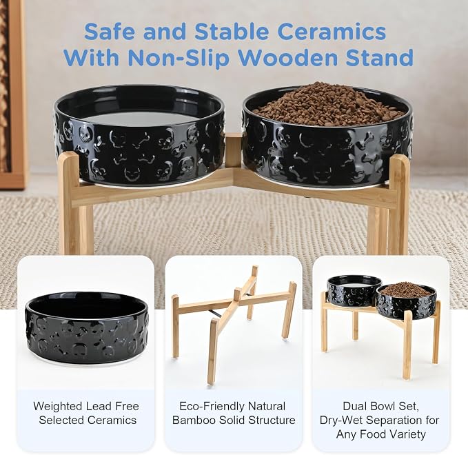 SPUNKYJUNKY Elevated Dog Bowls Ceramic, 8.3'' Dogs Food Water Bowls Raised with Non-Slip Bamboo Stand for Large Sized Breed Microwave Dishwasher Safe - 60 OZ,Skull Black