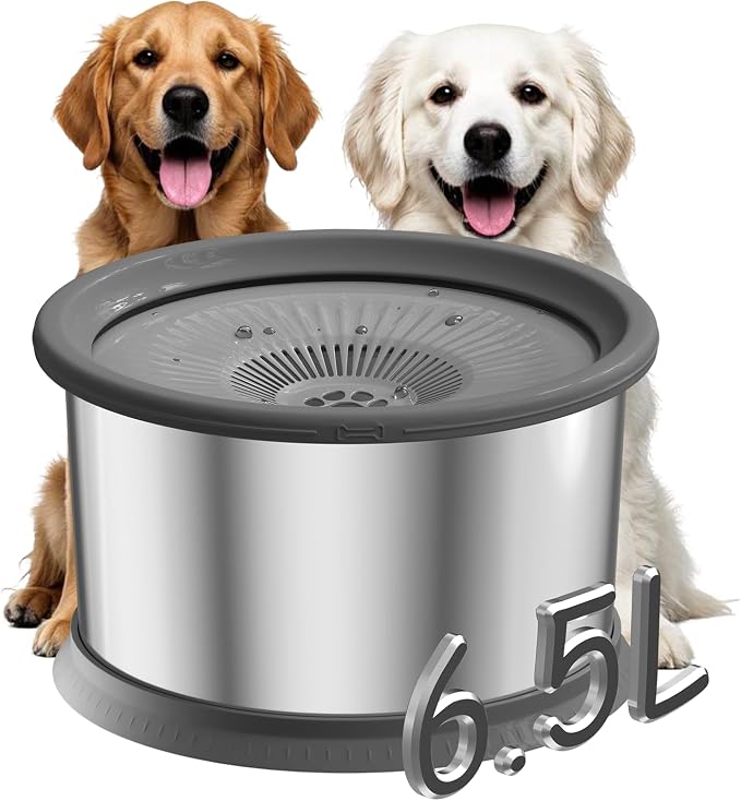6.5L Dog Water Bowl No Spill 1.6 Gallon Stainless Steel Water Bowl with 4 Filters for Dogs 220oz Large Capacity No Splash Slow Drinking Feeder with Anti-Slip Mat for Messy Drinkers