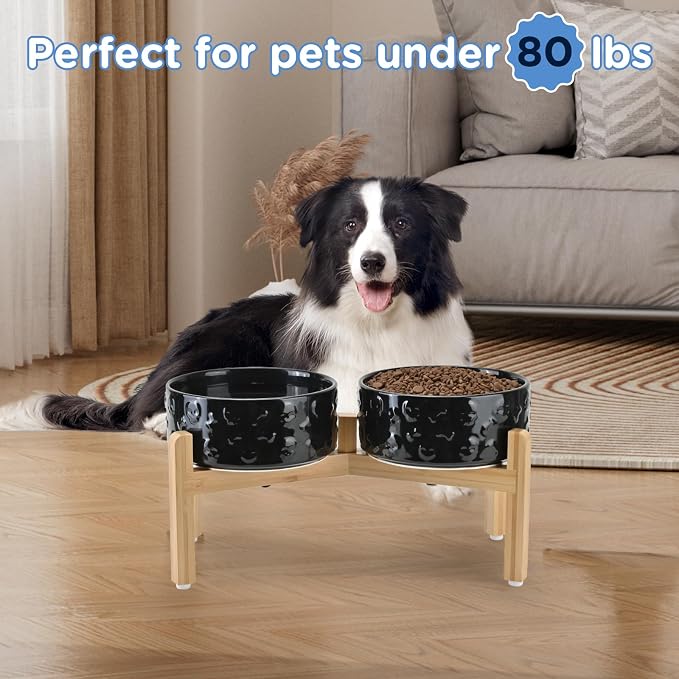 SPUNKYJUNKY Elevated Dog Bowls Ceramic, 7.3'' Dogs Food Water Bowls Raised with Non-Slip Bamboo Stand for Medium to Large Sized Breed Microwave Dishwasher Safe - 42 OZ,Skull Black