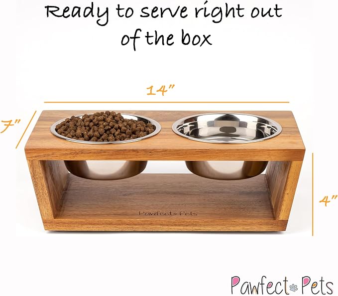 4" Tall Elevated Dog Bowls for Small Dogs, Food and Water Bowl Set by Pawfect Pets (Acacia)