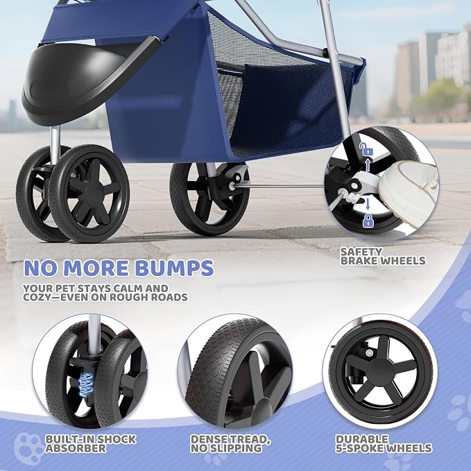 Magshion 3-Wheel Pet Stroller for Small/Medium Dogs Cats, Up to 33lbs, Navy | Foldable Travel Jogger w/ Breathable Mesh Cover, Lightweight Design, Safety Tethers, Cup Holder & Storage Basket