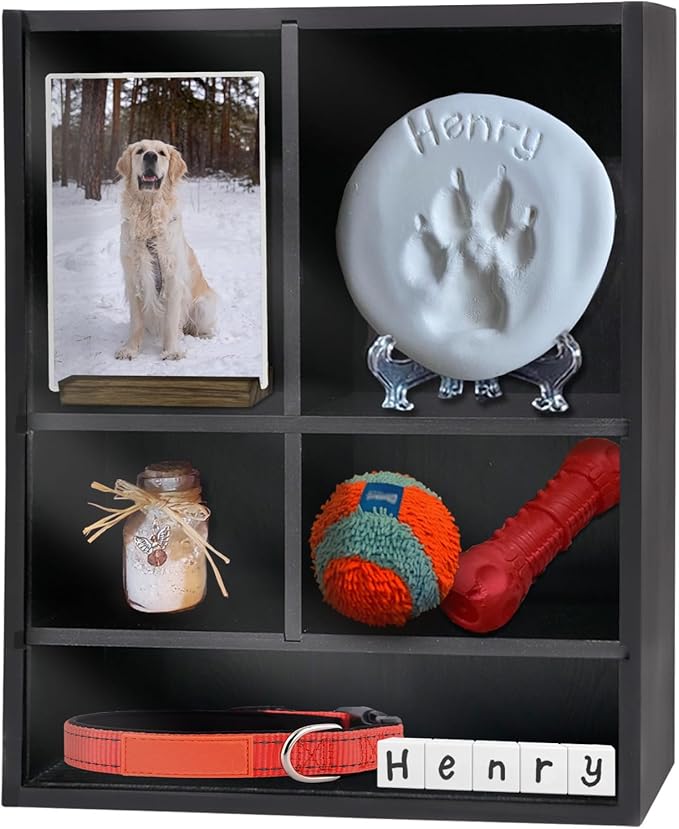 11*14" Solid Wood Pet Memorial Shadow Box Frame with Shelves | Deep Pet Memory Box Display Case for Dogs or Cats Urn Ashes Paw Print Keepsake for as Loss Remembrance Sympathy Gift- Black