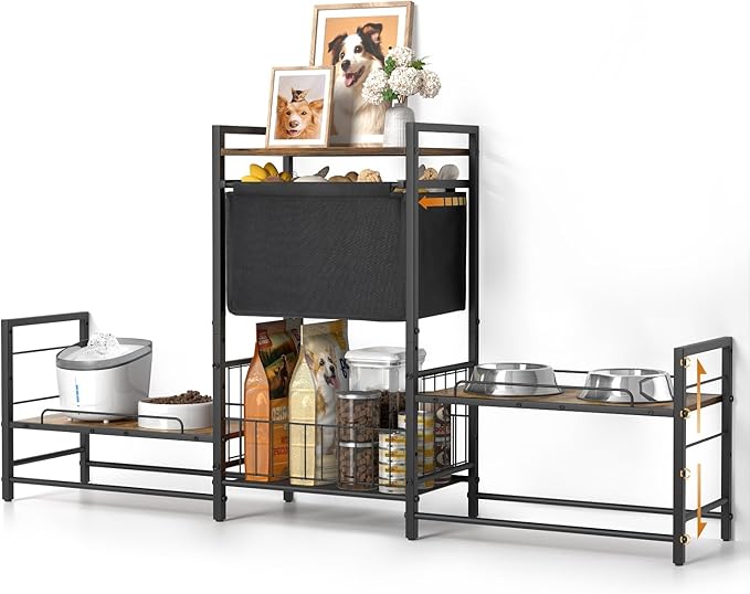 Lomivra Dog Feeding Station with 2 Elevated Bowl Stands & Large Storage | For 2-3 Dogs, 4 Adjustable Bowl Heights, Fit Large Medium Small Dogs, Fit All Bowl Types, Pull-Out Toy Bin, Dog Food Storage