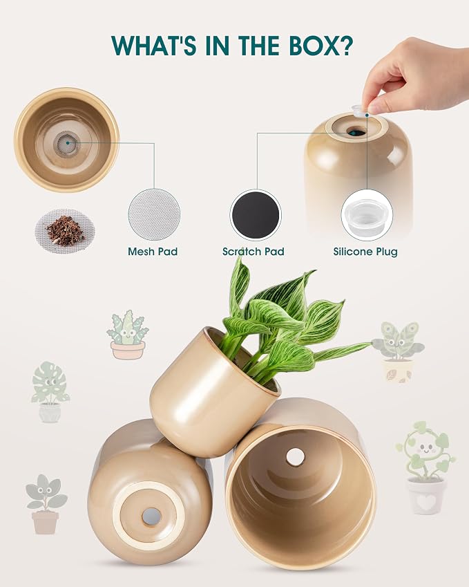 vancasso Ceramic Plant Pots, 4+5+6 inches, Set of 3, Planters with Drainage Hole, Flower Pots Planters Pots for Indoor Plants, Modern Indoor Decorative Garden Pot, Home Decor, Brown