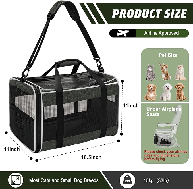 Cat Carriers Dog Pet Carrier for Small Cats Puppies(Up to 33lbs), 16.5x11x11 Inch Airline Approved Pet Carrier with Removable Wheels, Collapsible Travel Carrier with Shoulder Strap